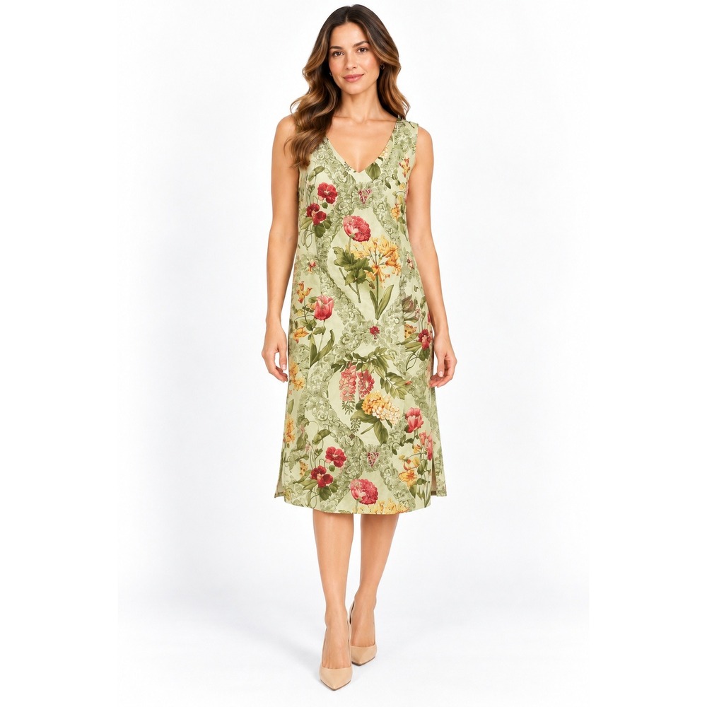 Talbots Women's Floral Print Sleeveless V-Neck Embellished Midi Dress Size 16